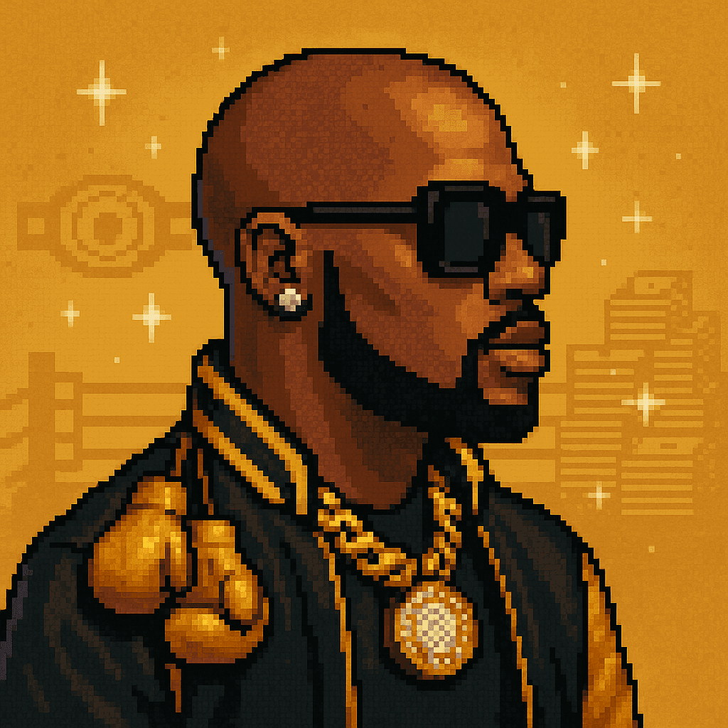 Pixel-art Grifter: champion boxer in a black and gold jacket with gold chains against a golden background