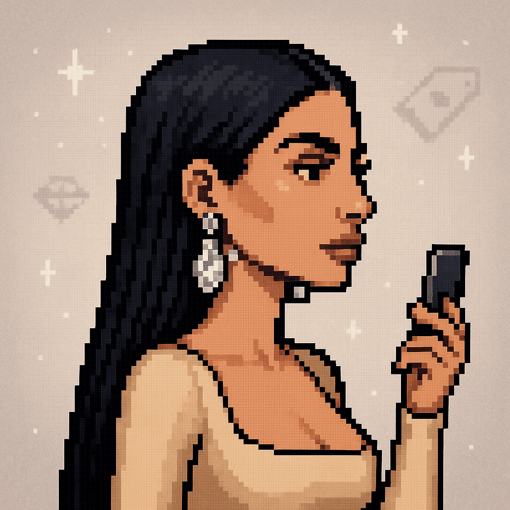 Pixel-art Grifter: reality-TV empress with long black hair in a champagne bodysuit against a pearl-grey gradient