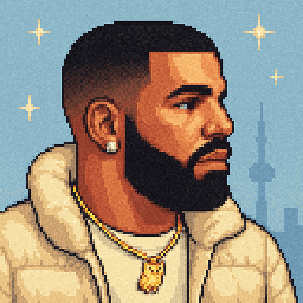 Pixel-art Grifter: bearded rapper in a cream puffer jacket with a gold owl pendant against a powder-blue skyline