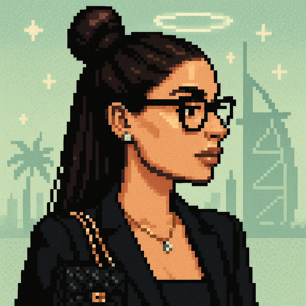 Pixel-art Grifter: dark-haired woman in glasses and a black blazer against a mint skyline