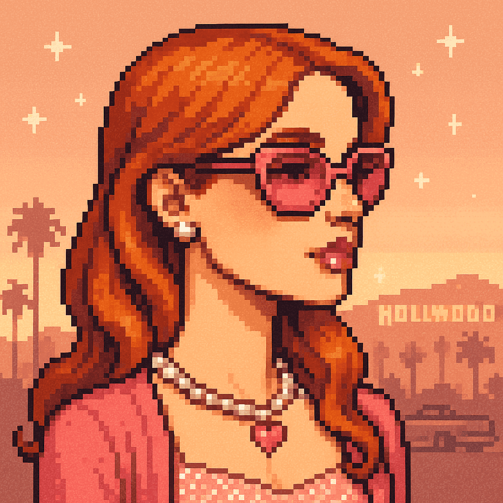 Pixel-art Grifter: red-haired starlet in pink sunglasses against a peach Hollywood sunset