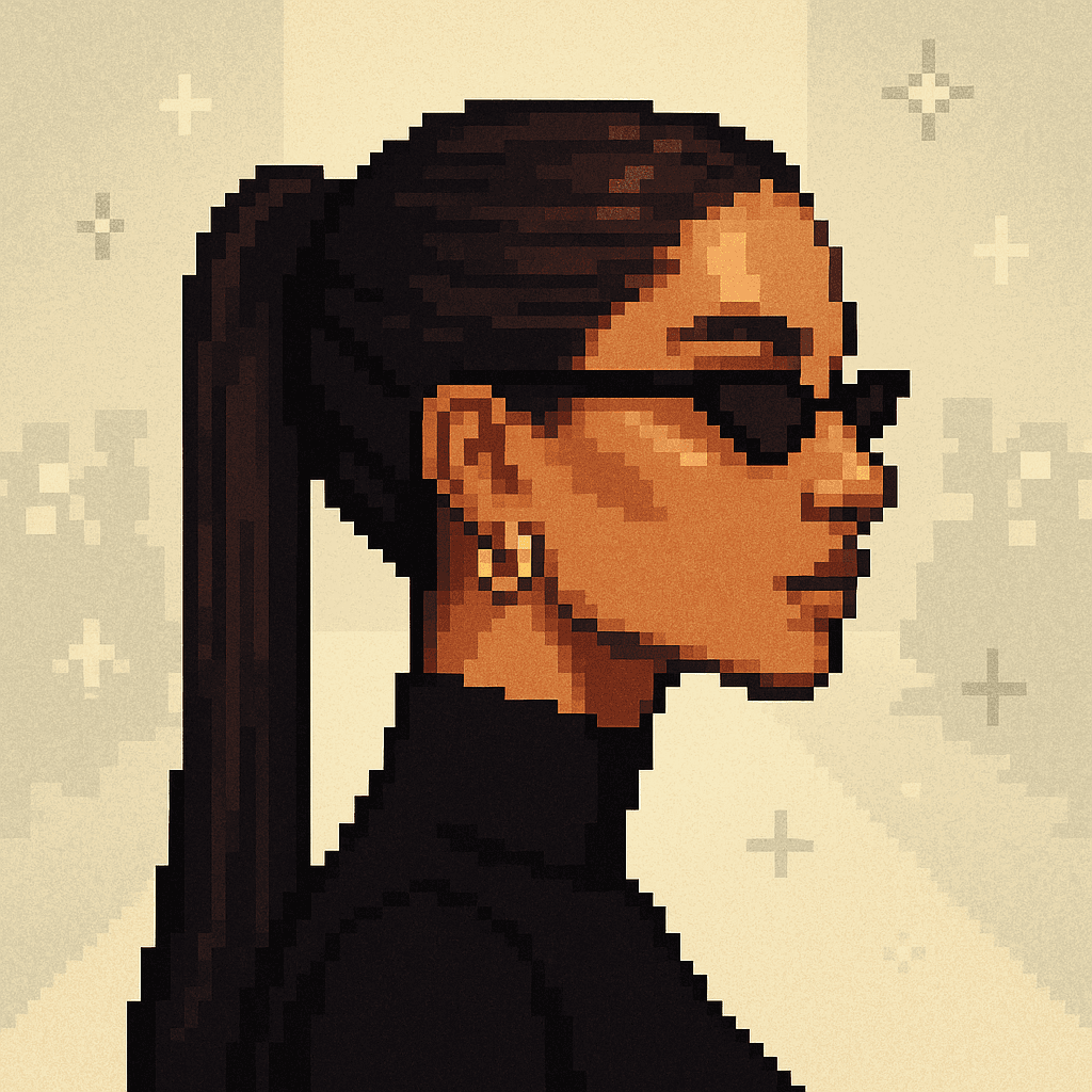 Pixel-art Grifter: supermodel with a sleek ponytail and cat-eye sunglasses against an ivory runway