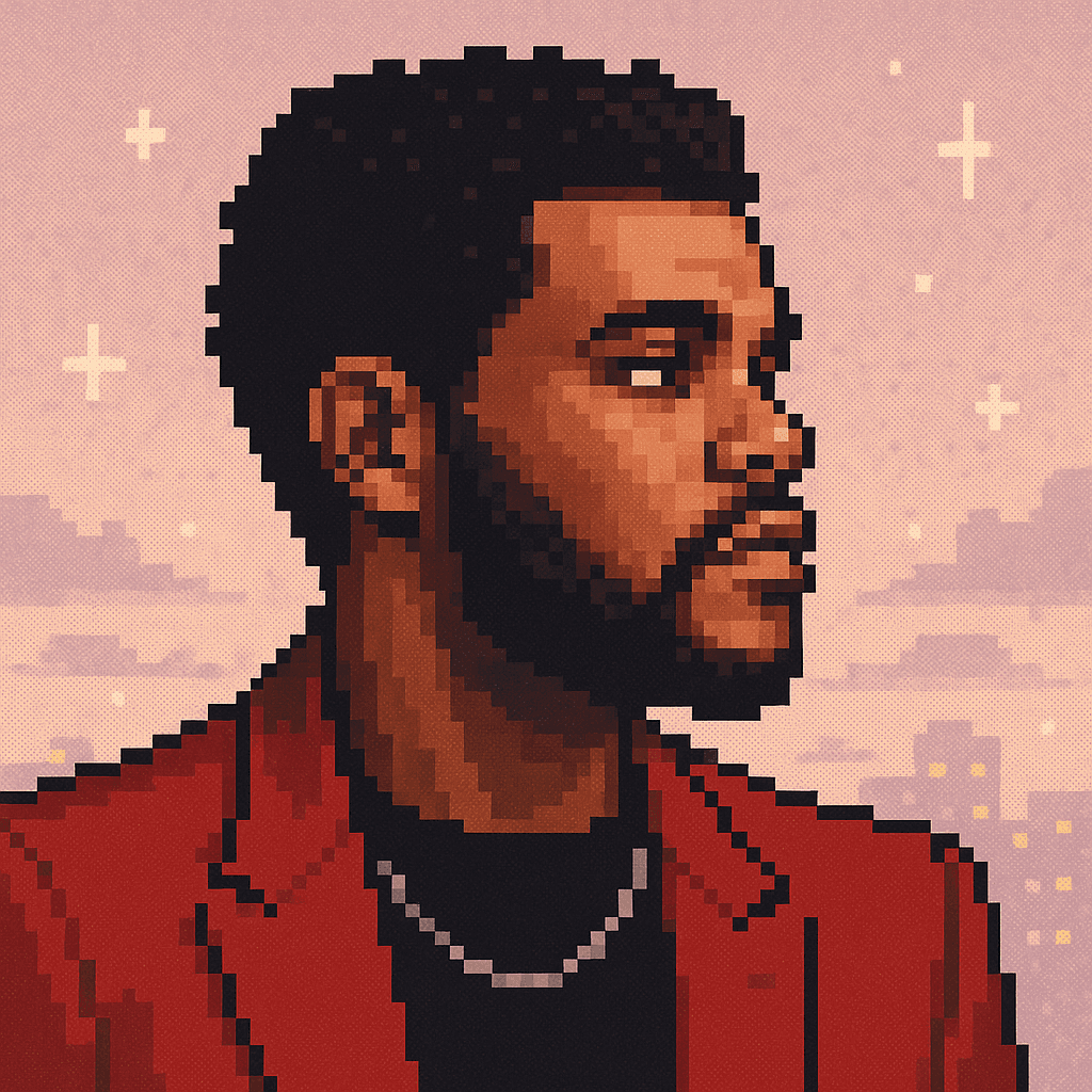 Pixel-art Grifter: R&B singer in a scarlet blazer against a blush-pink dusk city