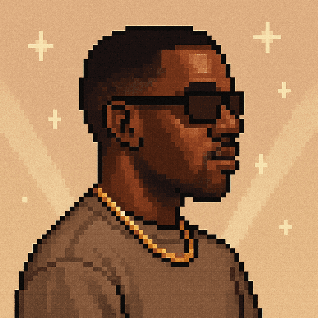Pixel-art Grifter: producer in shield sunglasses and a taupe sweatshirt against a sand-beige gradient