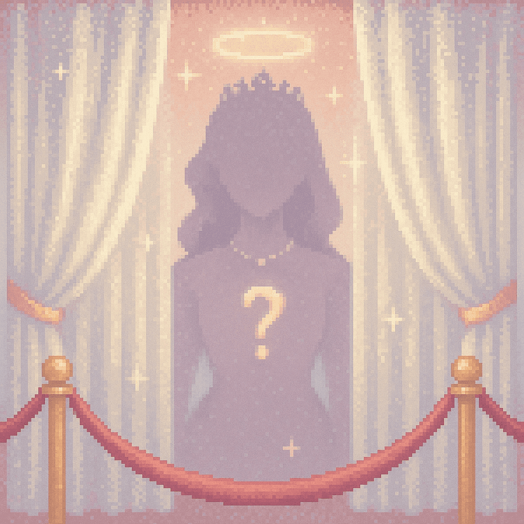 Pre-reveal Grifter: a glamorous pixel silhouette behind translucent pearl curtains with a golden question mark