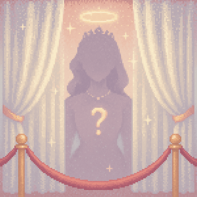 Pre-reveal Grifter: a glamorous pixel silhouette behind translucent pearl curtains with a golden question mark